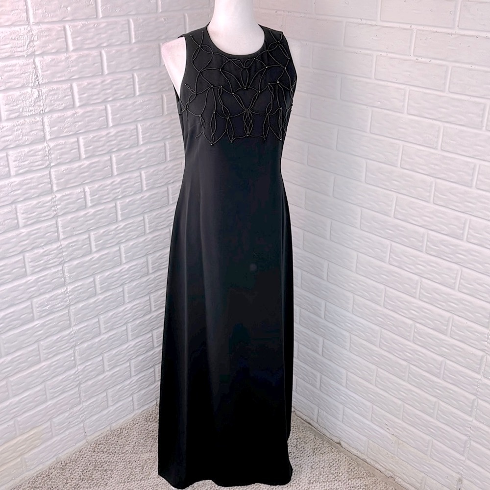 VINTAGE Y2K EVAN PICONE BEADED BUST GOWN BLACK LONG LINED SLEEVELESS SIZE 4